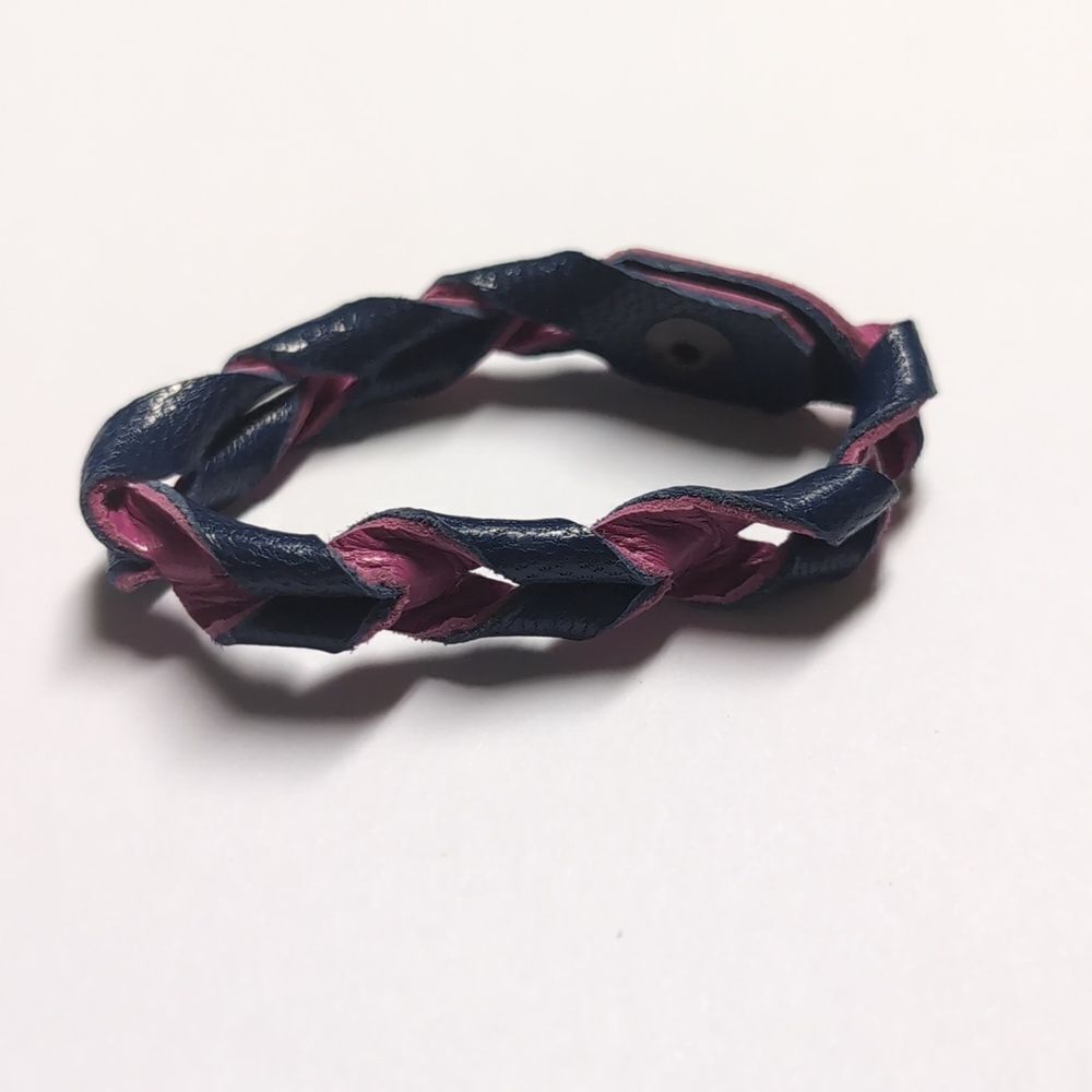 87 Navy Blue‎ and Pink Twisted Leather Cuff Bracelet with Snap Button